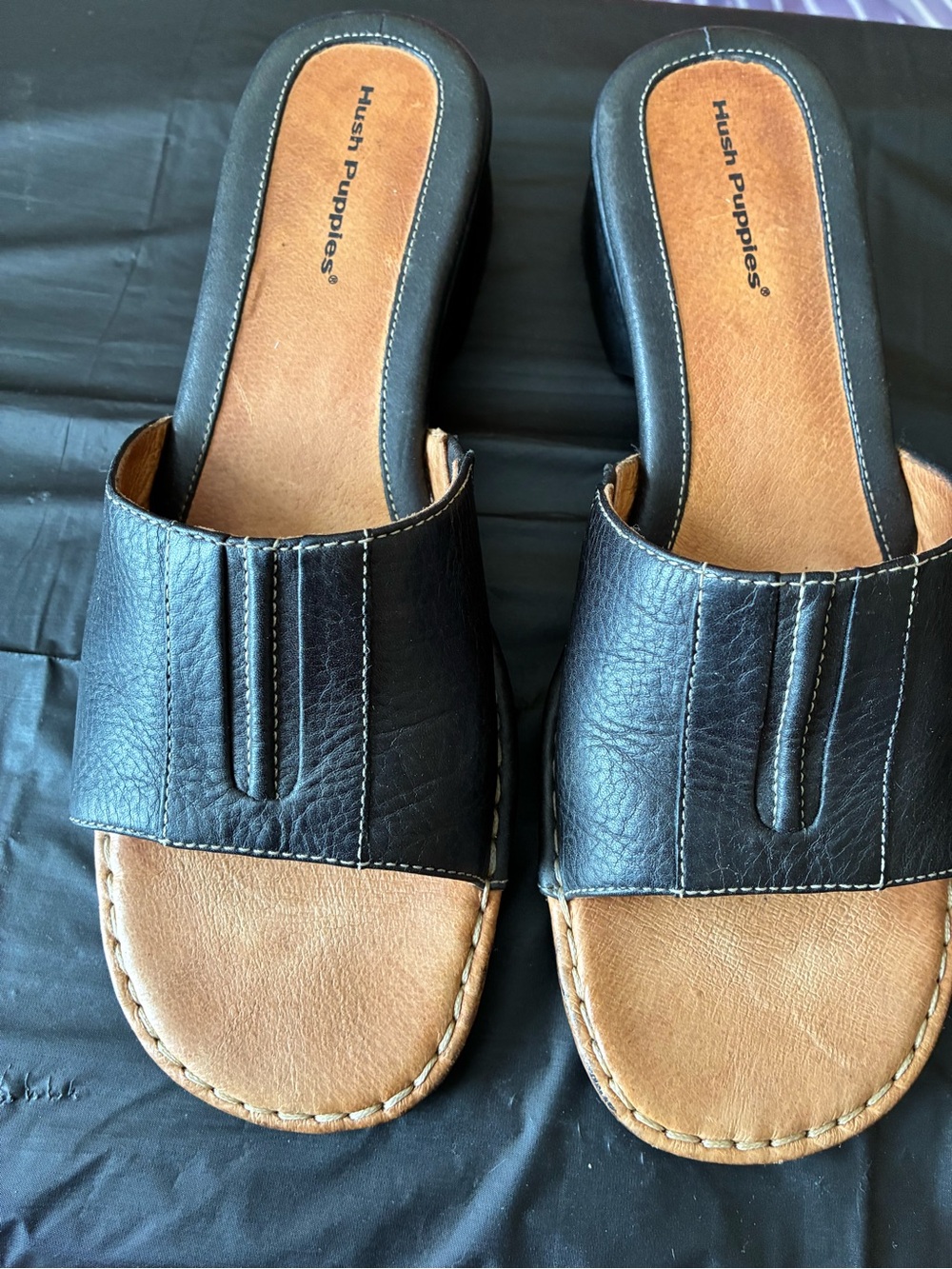 Hush Puppies Black Slide Sandals with Tan Footbed